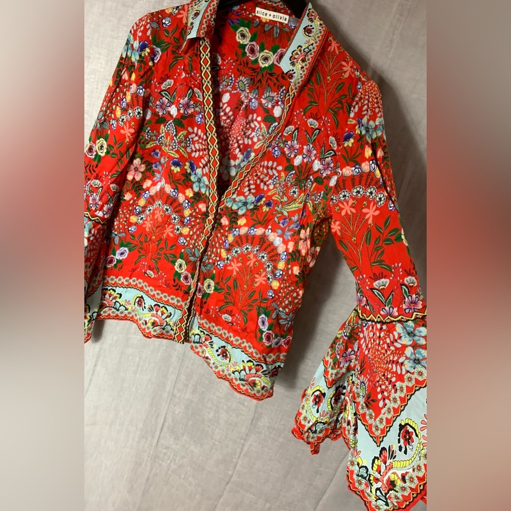 Alice + Olivia Randa Trumpet Sleeve Blouse Wildflower Bright Poppy Red S View 5